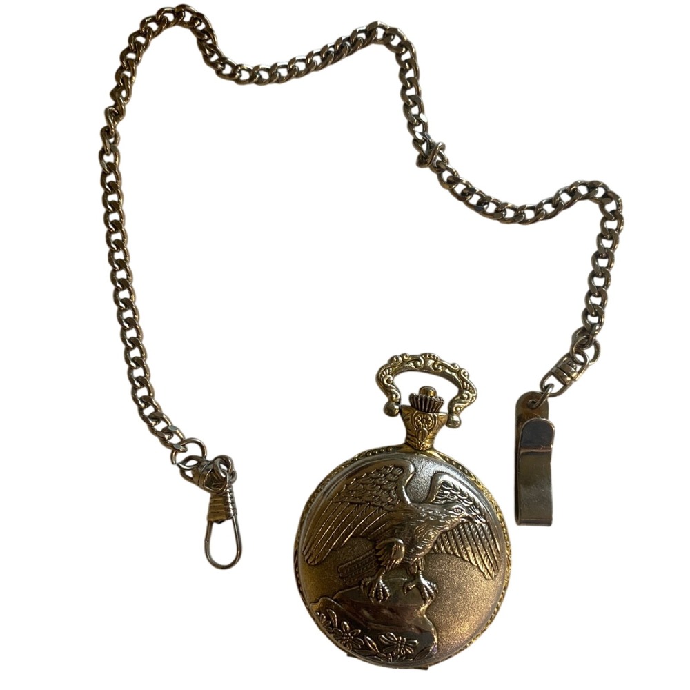 Watch-It Vintage Eagle Pocket Watch Two Tone Quartz Japan Movt with‎ Chain Parts